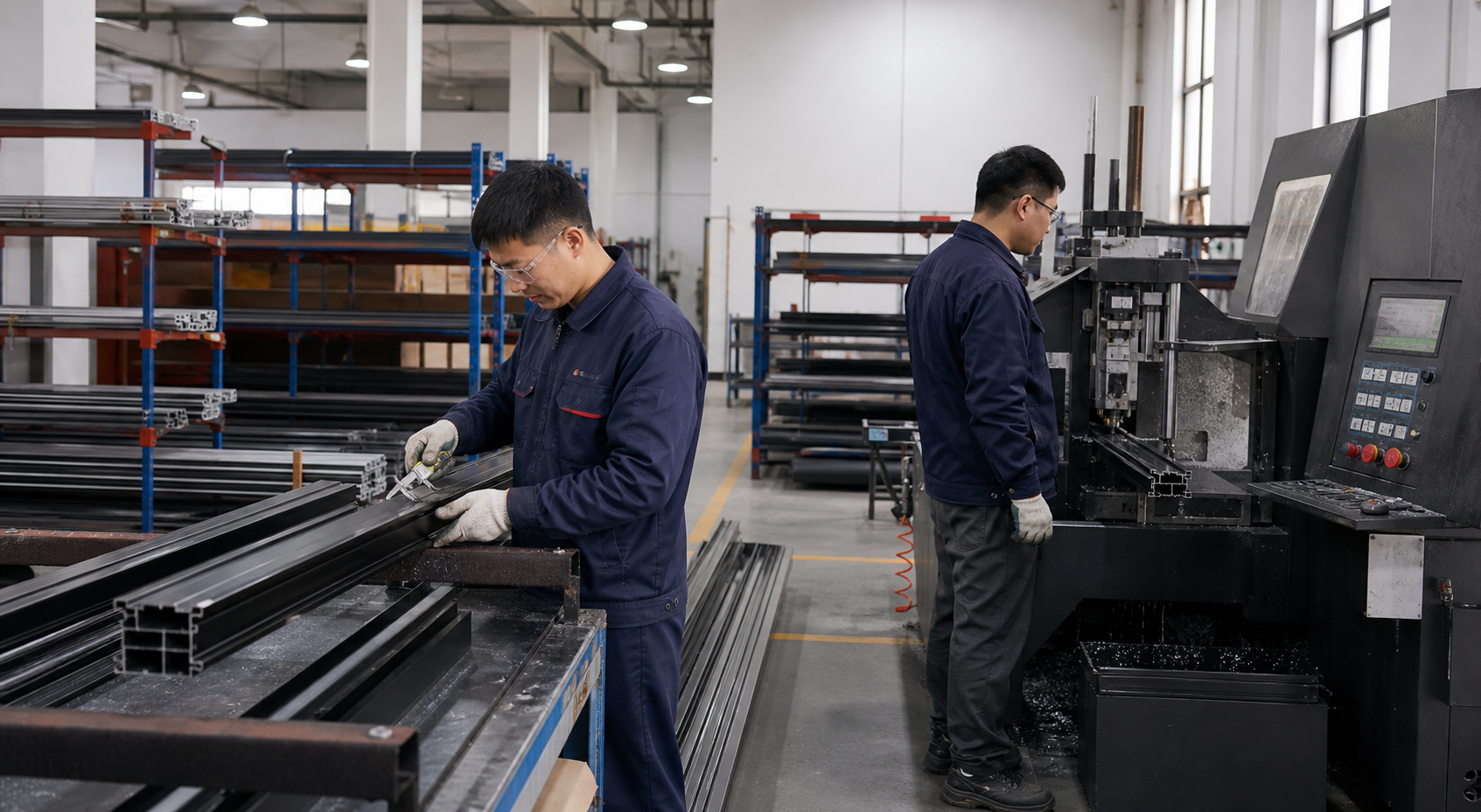 中国门窗工人进行型材测量与加工的场景图